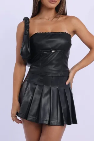 Elegant Texture Black PU Tennis Skirt High Rise Pleated Slight Stretch