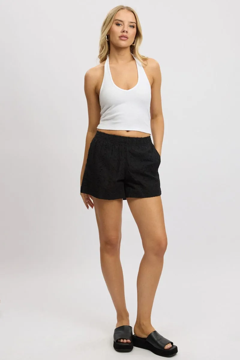 volleyball outfit Stretchy Hemline Black Shorts Mid Rise Eyelet Fabric