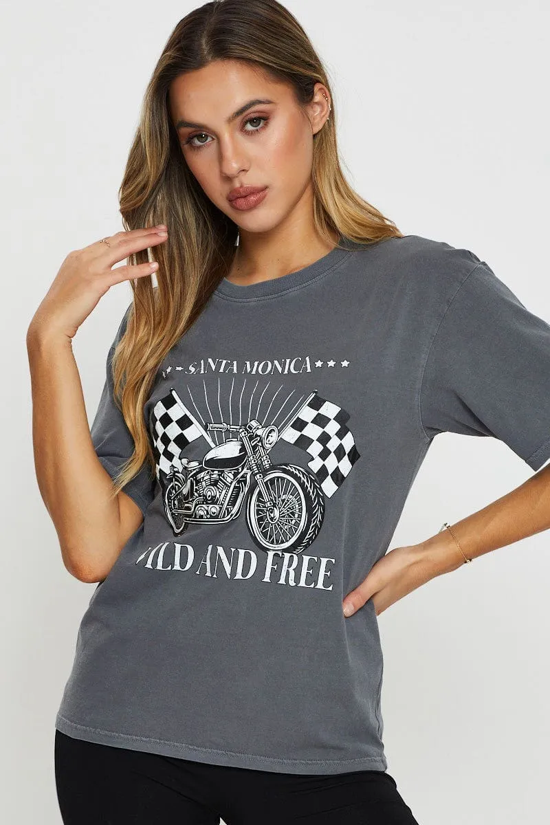 Grey Graphic T Shirt Short Sleeve Casual Protection