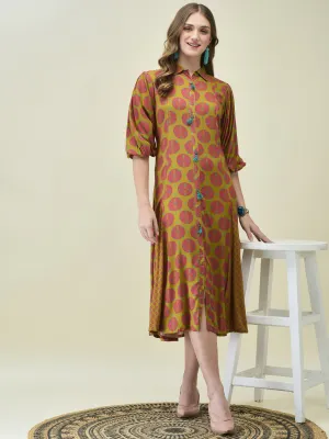 Women Liva Rayon Olive Bandhani Print Dress Photo Fit Layering Wear