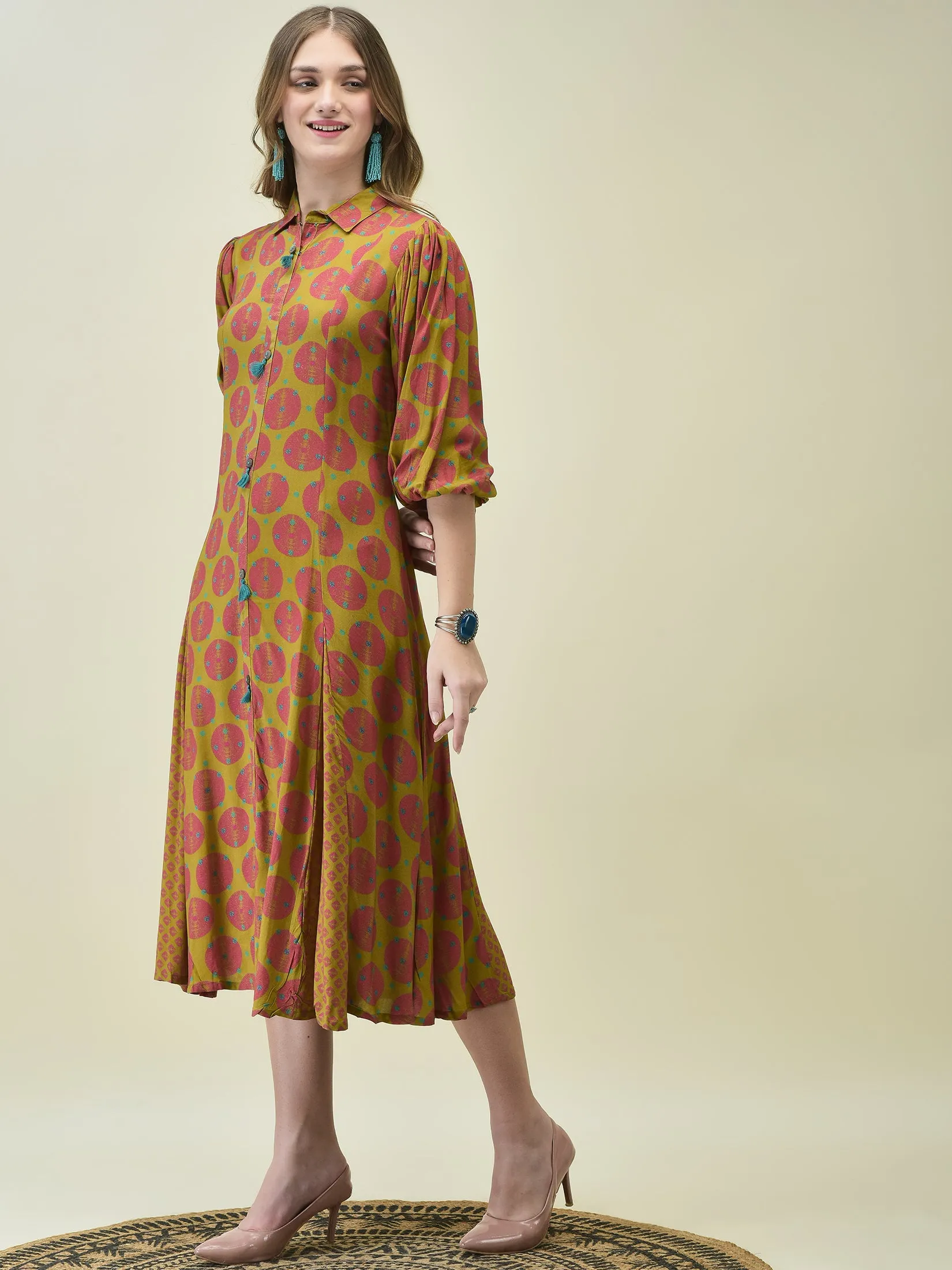 QuickRelease Fasteners Women Liva Rayon Olive Bandhani Print Dress