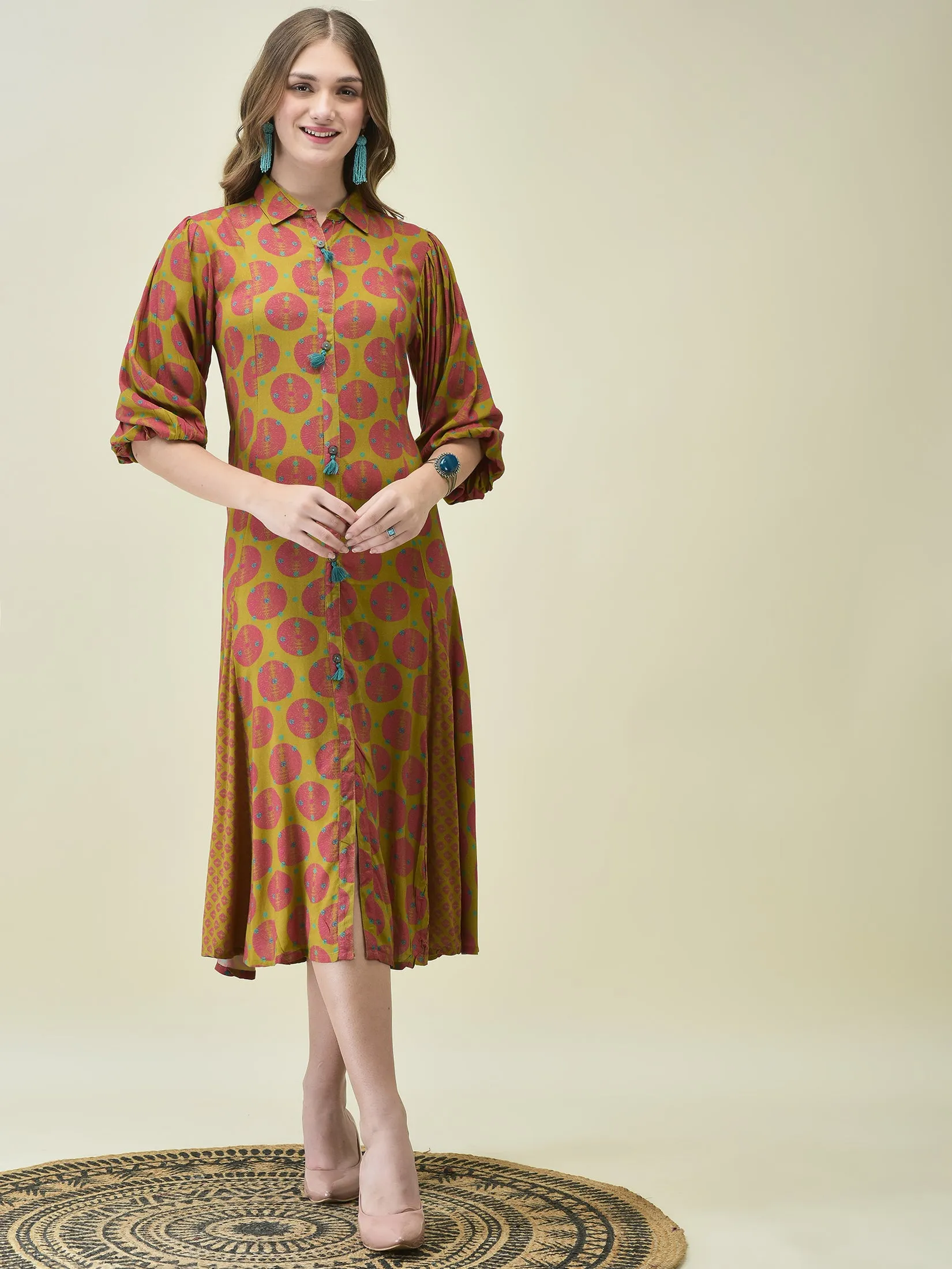 Women Liva Rayon Olive Bandhani Print Dress Work-Ready