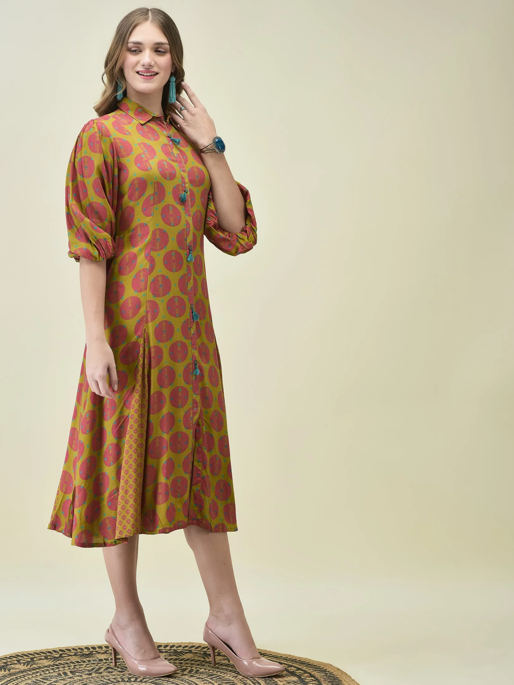 Simple Layering HygroscopicFiber Women Liva Rayon Olive Bandhani Print Dress