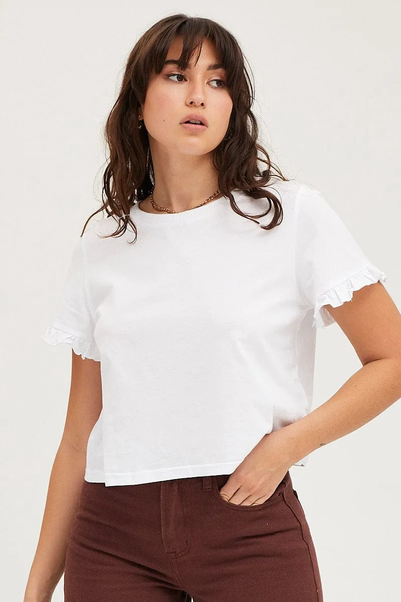 Seamless construction White Frill Detail T Shirt Short Sleeve