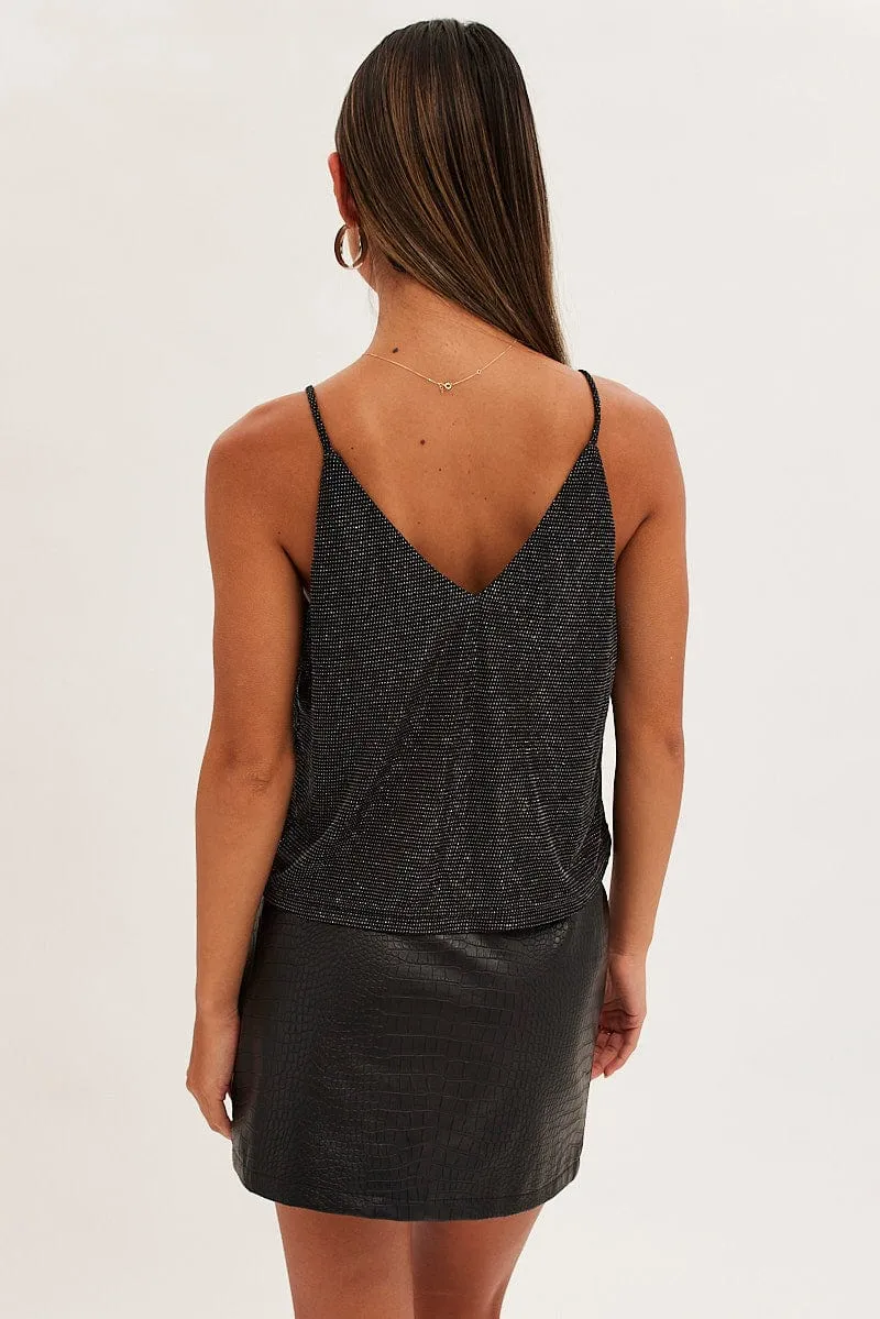 WearResistantHem Black Diamonte Jersey V Neck Cami