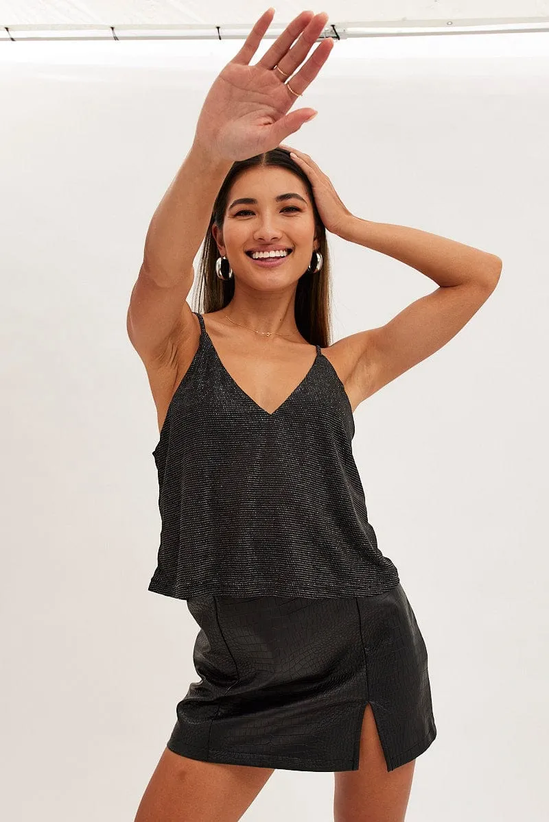 Black Diamonte Jersey V Neck Cami Hero Tale