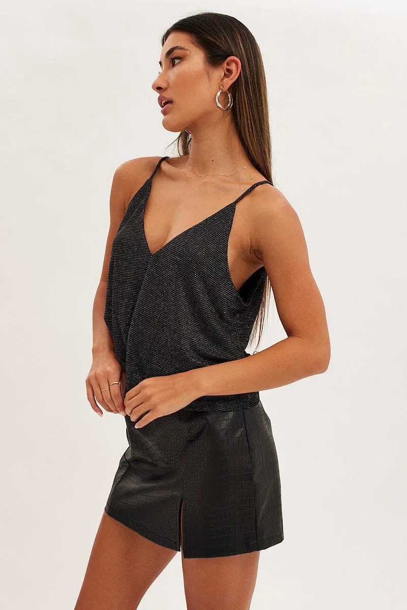 Street Icon Black Diamonte Jersey V Neck Cami