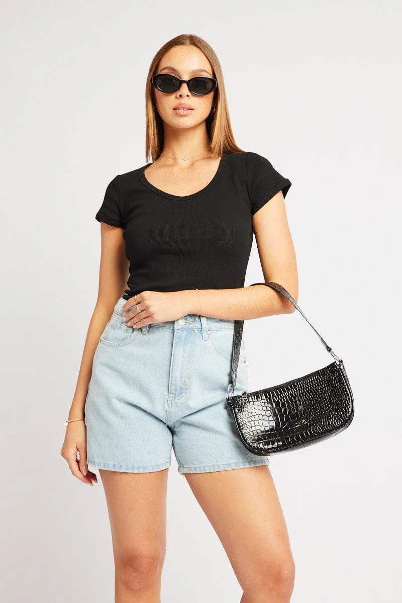 Black T Shirt Short Sleeve V Neck Easy Cool