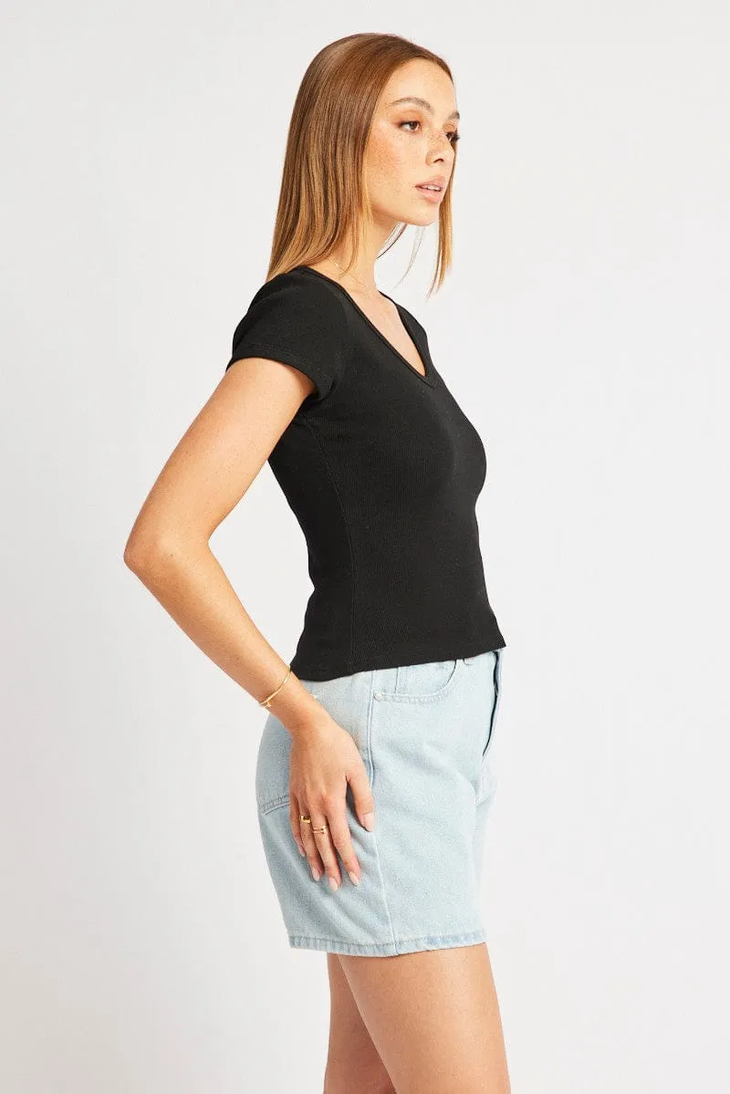 Elastic cuffs Black T Shirt Short Sleeve V Neck