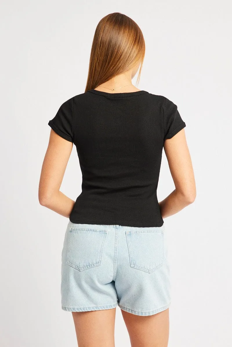 Elegant Top Black T Shirt Short Sleeve V Neck