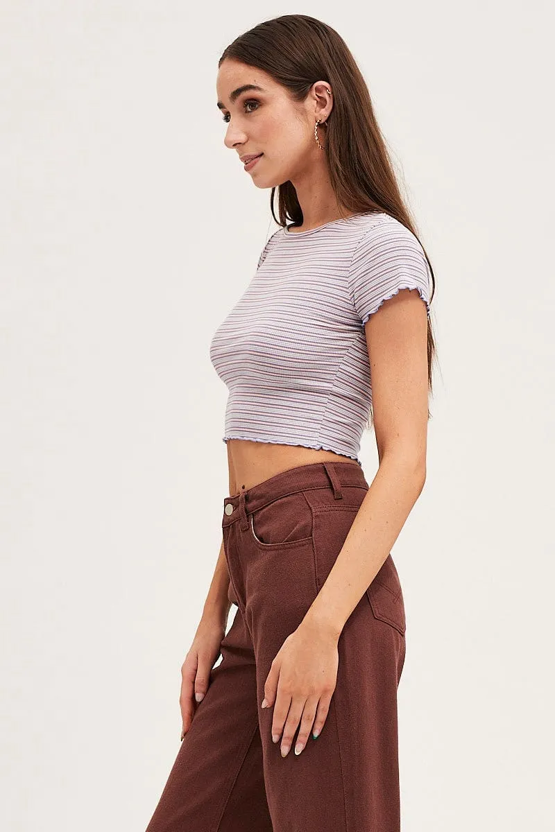 Euro Mood CompressiveFitFabric Stripe Crew Neck Short Sleeve Crop T-Shirt