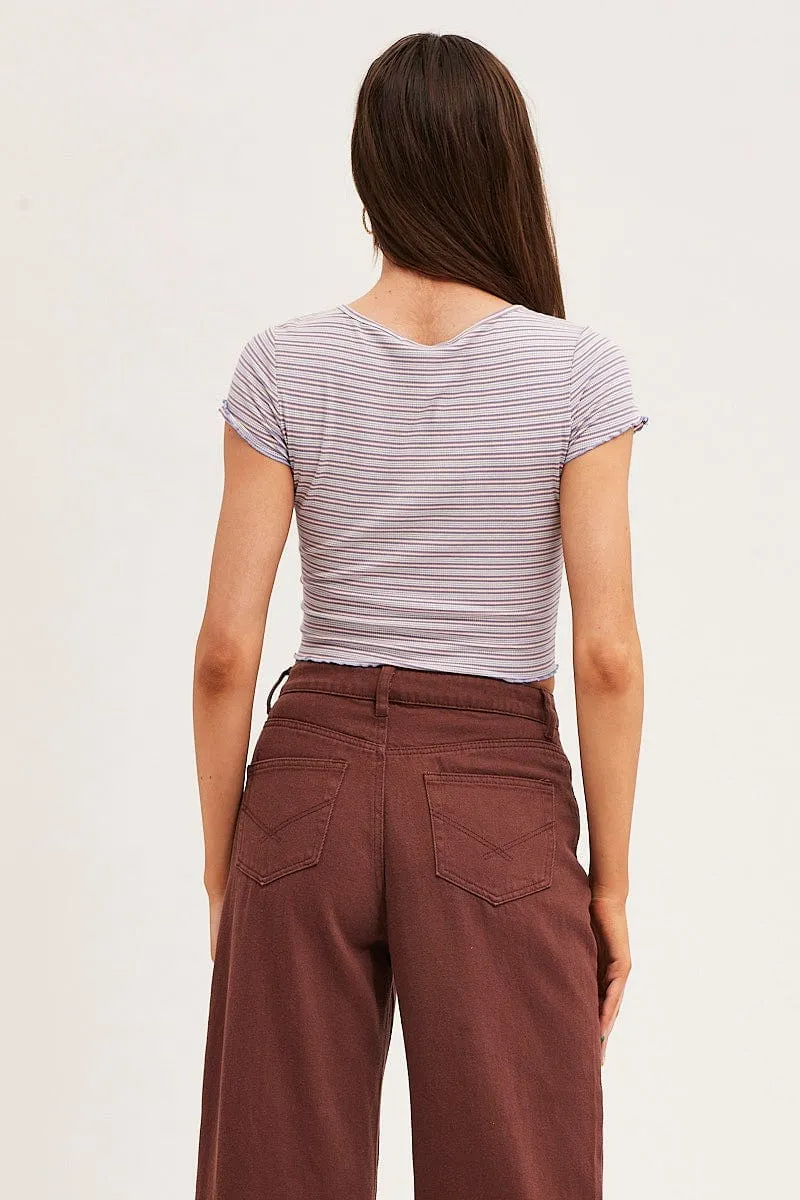 Stripe Crew Neck Short Sleeve Crop T-Shirt Semi Formal Crown Fit