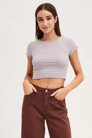 Stripe Crew Neck Short Sleeve Crop T-Shirt GentleWaistband Trendy Cut
