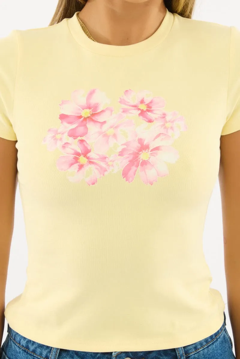 Yellow Graphic Tee Short Sleeve UVProtectionFinish Curved Hemline