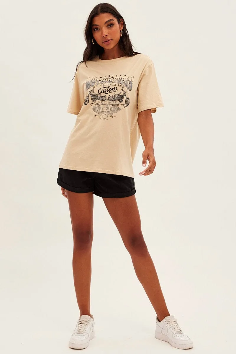 Beige Graphic Tee Short Sleeve Round Neck Cotton Effortless Layer Anti-static