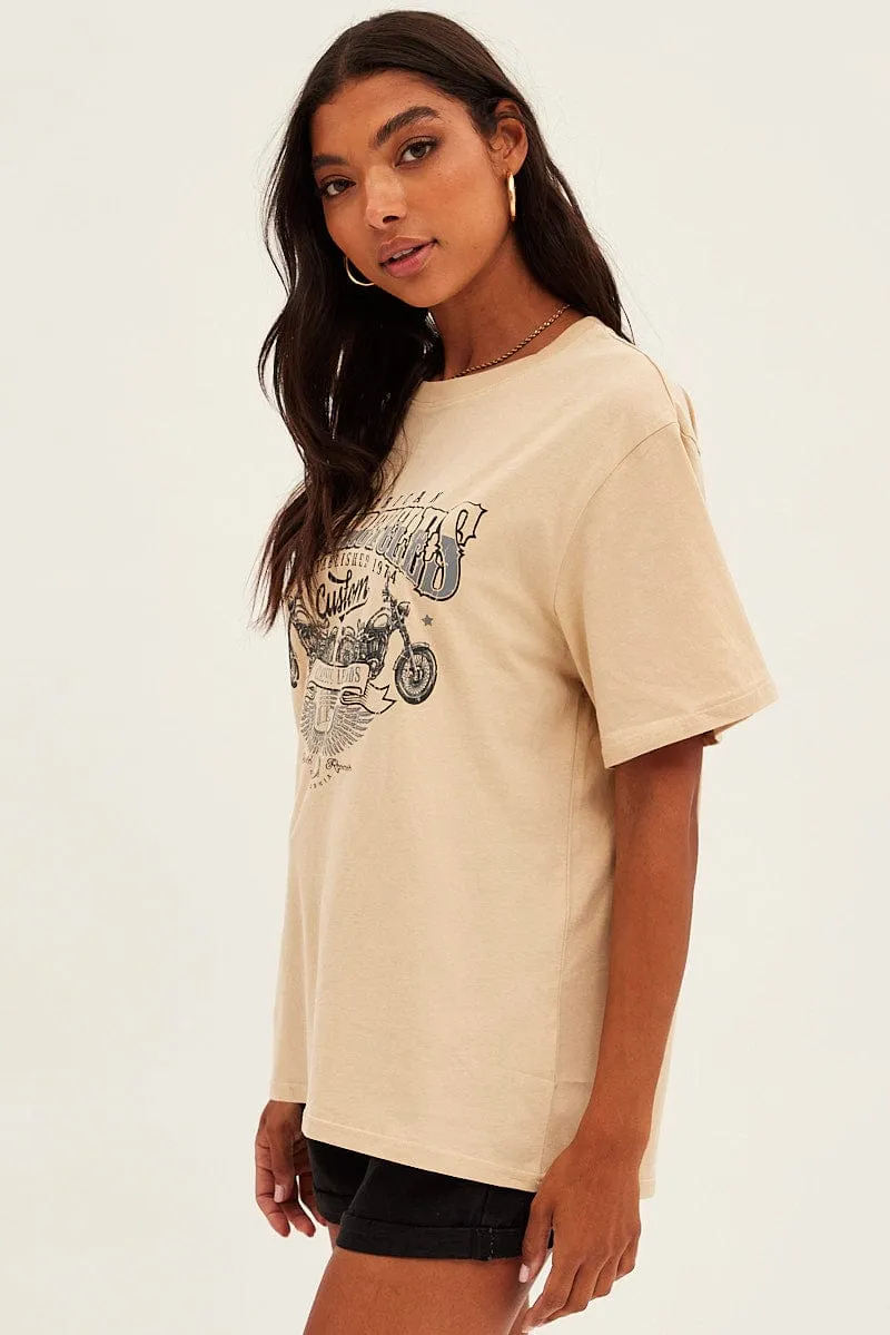 Pre Shrunk Cotton Beige Graphic Tee Short Sleeve Round Neck Cotton