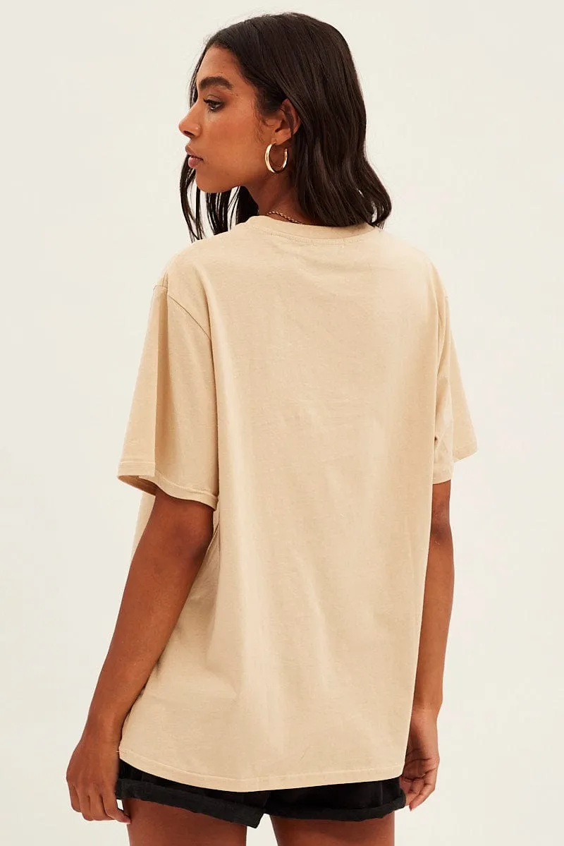 MultipurposeCuffs Beige Graphic Tee Short Sleeve Round Neck Cotton