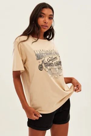 Timeless Layering Oversized Silhouette Beige Graphic Tee Short Sleeve Round Neck Cotton