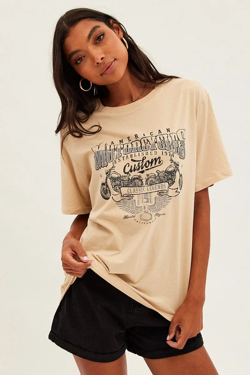 Fresh Comfort Style Beige Graphic Tee Short Sleeve Round Neck Cotton