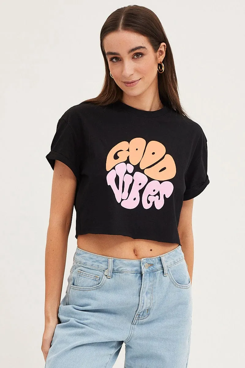 NonIronTechnology Functional Side Gussets Black Graphic T-Shirt Short Sleeve