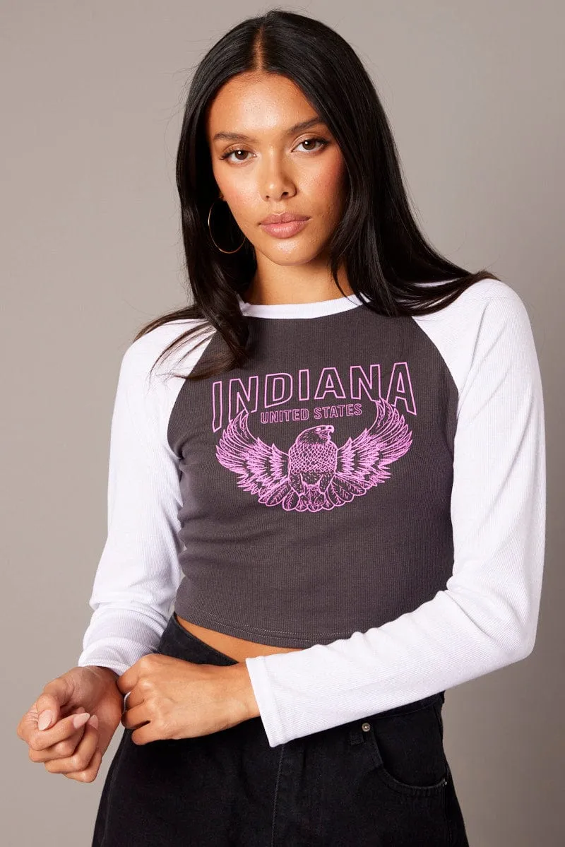 Grey Graphic Tee Long Sleeve Versatile Look