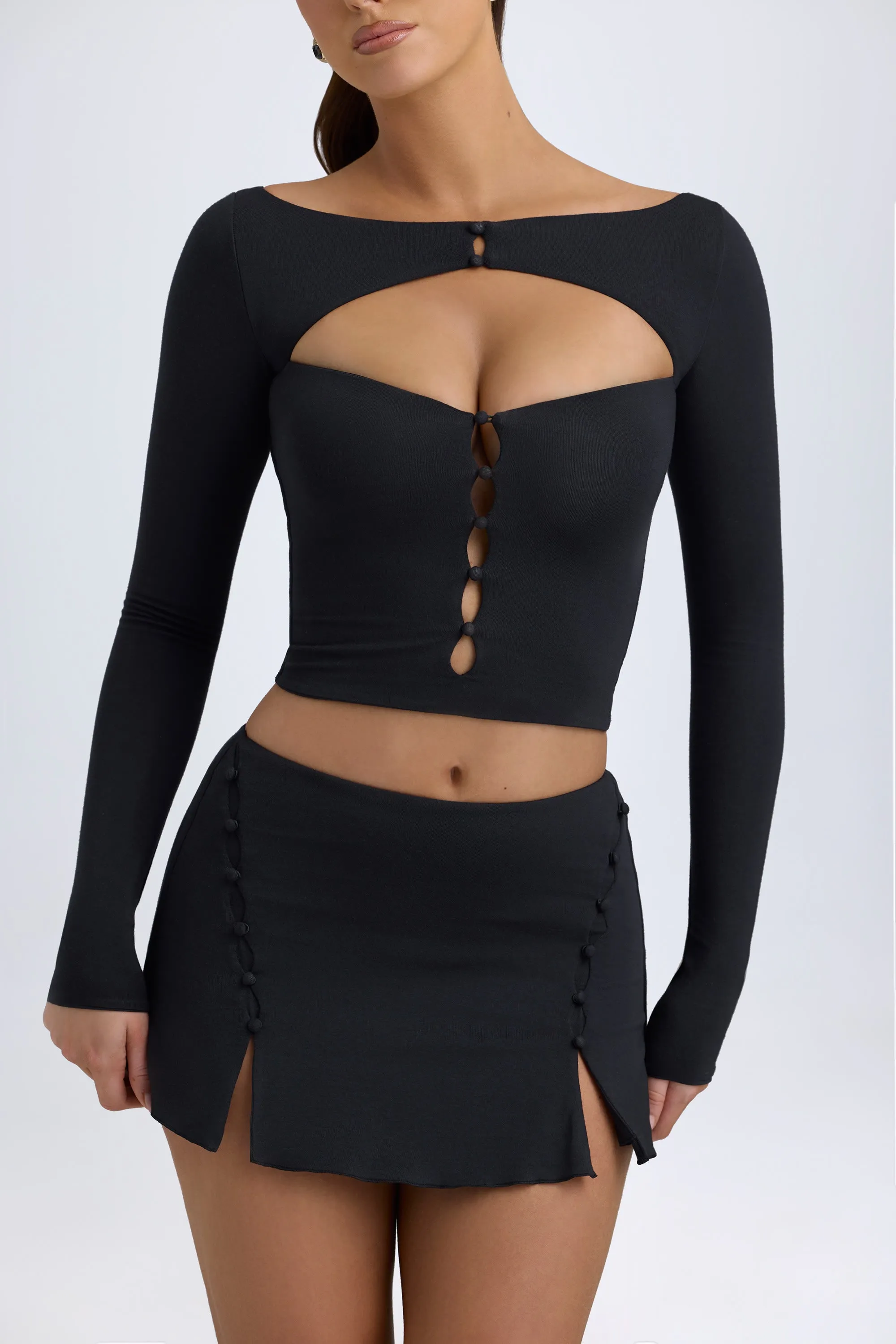 Seasonal Drop City Tones Modal Button-Detail Low-Rise Mini Skirt in Black