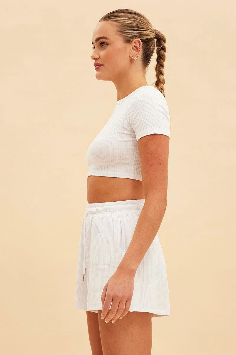 White Prea Rib Drawstring Short Double Layered Panels