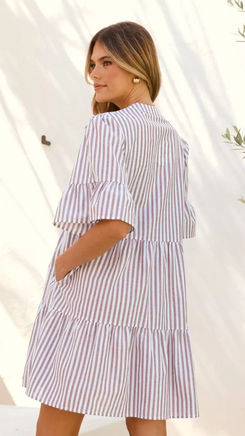 Tarnie Mini Dress - Brown Stripe Adjustable Shoulder Straps Floral Chic