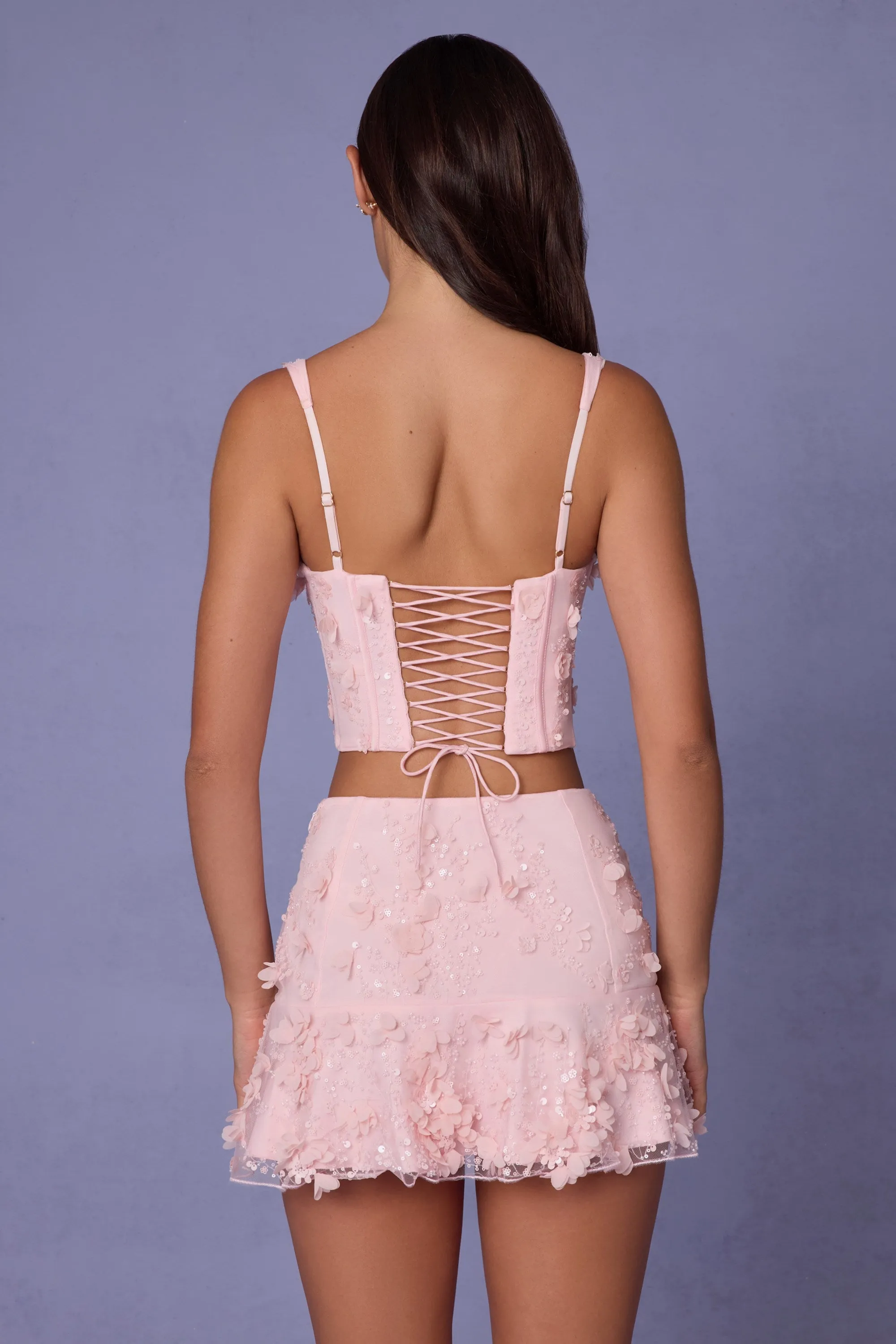 Layered Design Embellished Mid-Rise A-Line Mini Skirt in Soft Pink