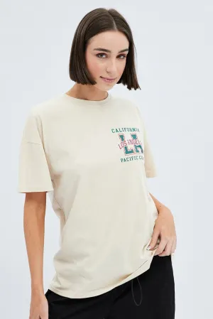Fade Resistant Dye Camel Tee Round Neck Short Sleeve Graphic Cotton
