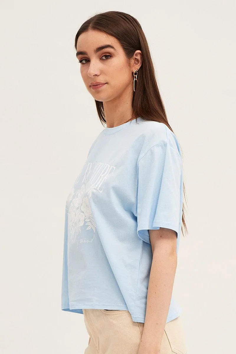 Blue Crew Neck Oversized Graphic T-Shirt Soft Layering