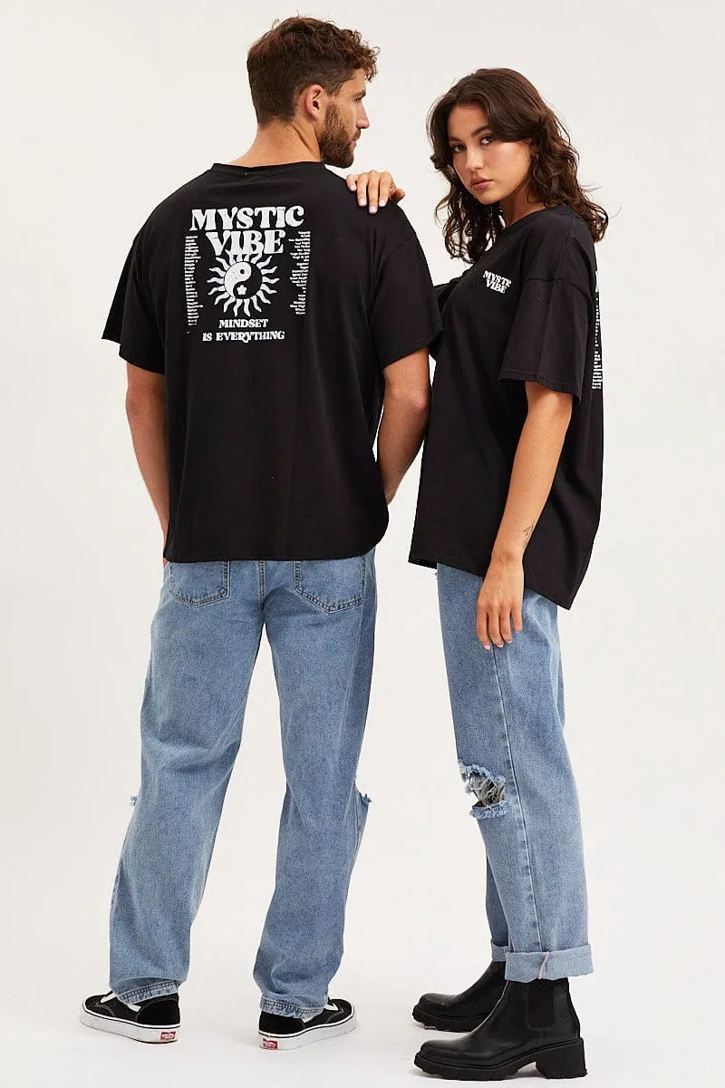 casual and comfortable Black Unisex T-Shirt Short Sleeve Oversized Crew Neck