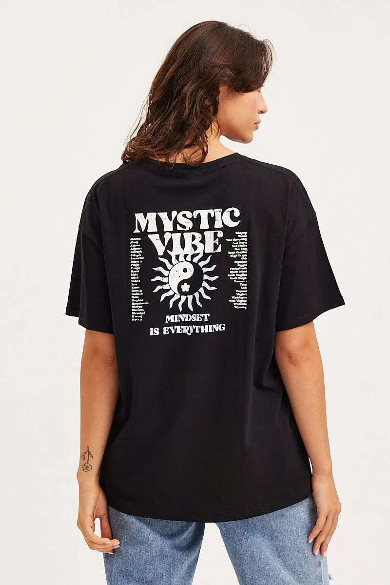 Black Unisex T-Shirt Short Sleeve Oversized Crew Neck Casual Statement Light Casual