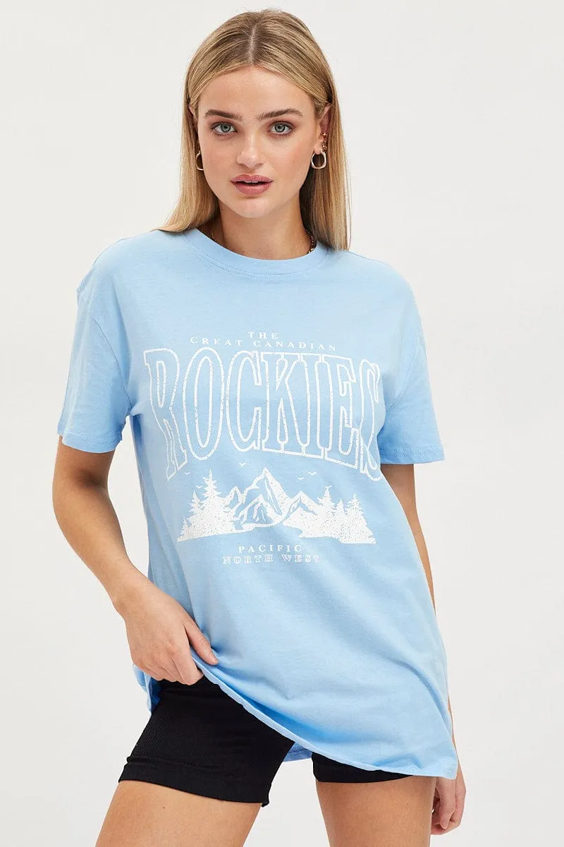 Blue Graphic T-Shirt Short Sleeve Classic and Comfy Elderly clothing