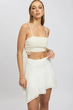 White Scarf Hem Skirt High Rise Mini Lined Metallic Finish