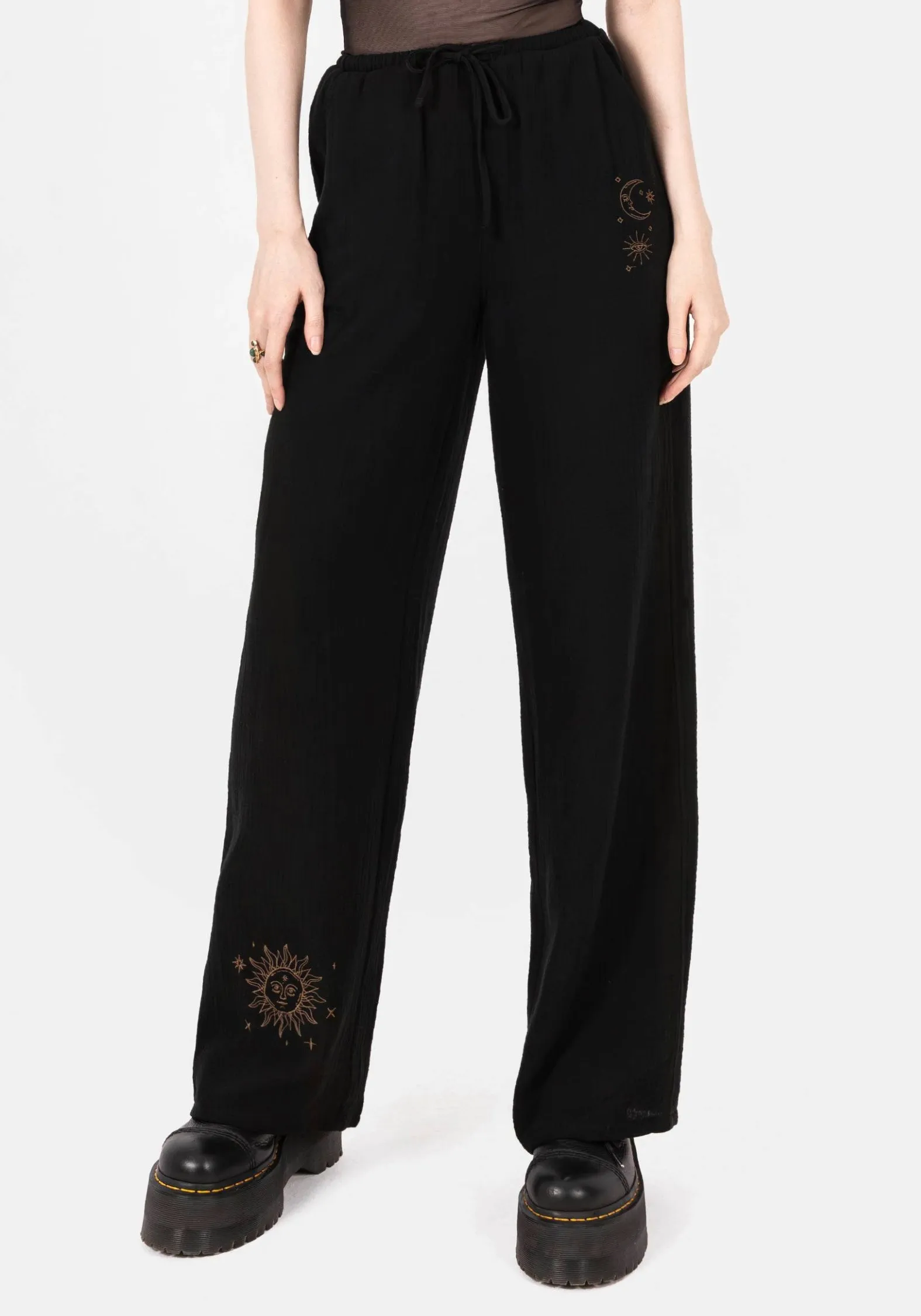Stretchy Material Cosmos Embroidered Wide Leg Trousers