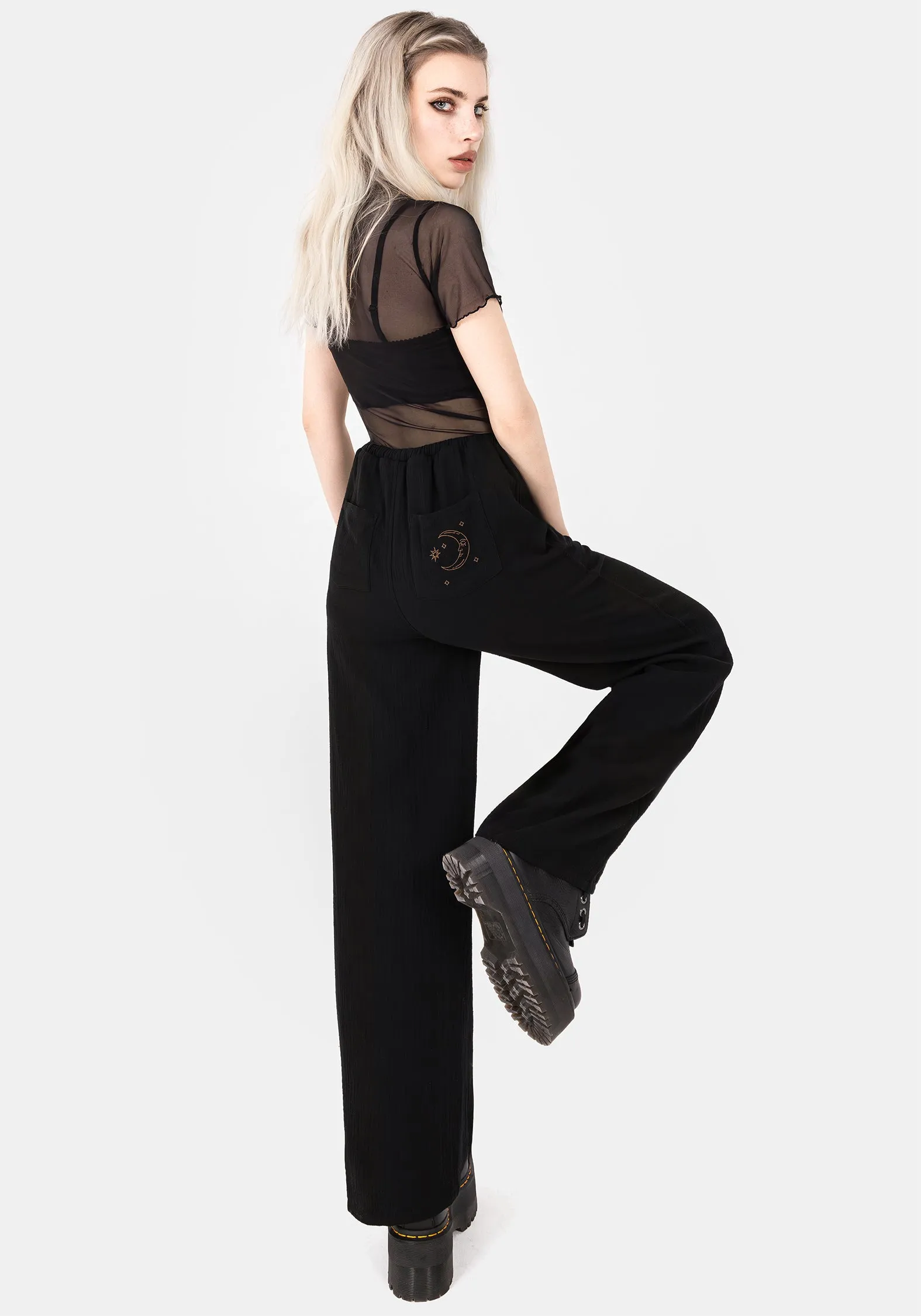 StainResistantCoating Flatlock Seams Cosmos Embroidered Wide Leg Trousers