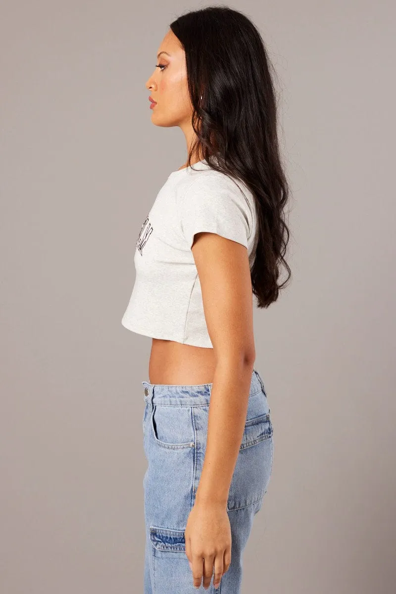 Grey Graphic Tee Crop Short Sleeve Layered Sleeve Construction Everyday Comfort Style