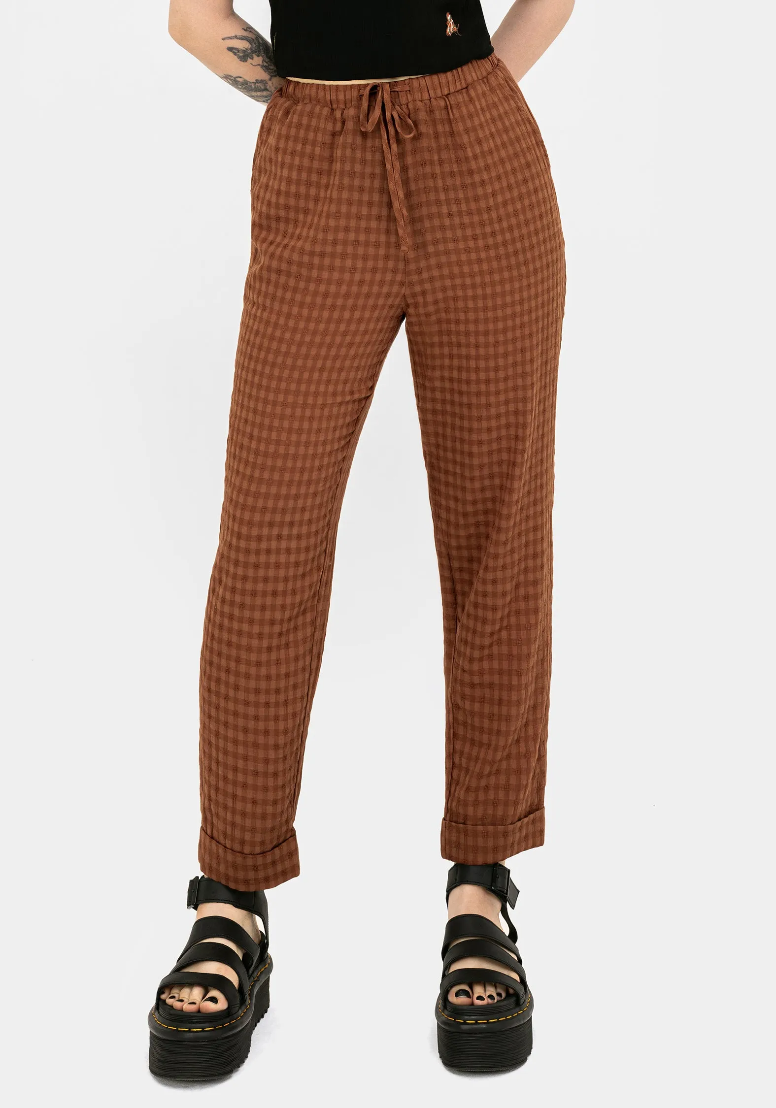 Seamless Waist Technology Trendy Design Soleil Cotton-Blend Check Tapered Trouser