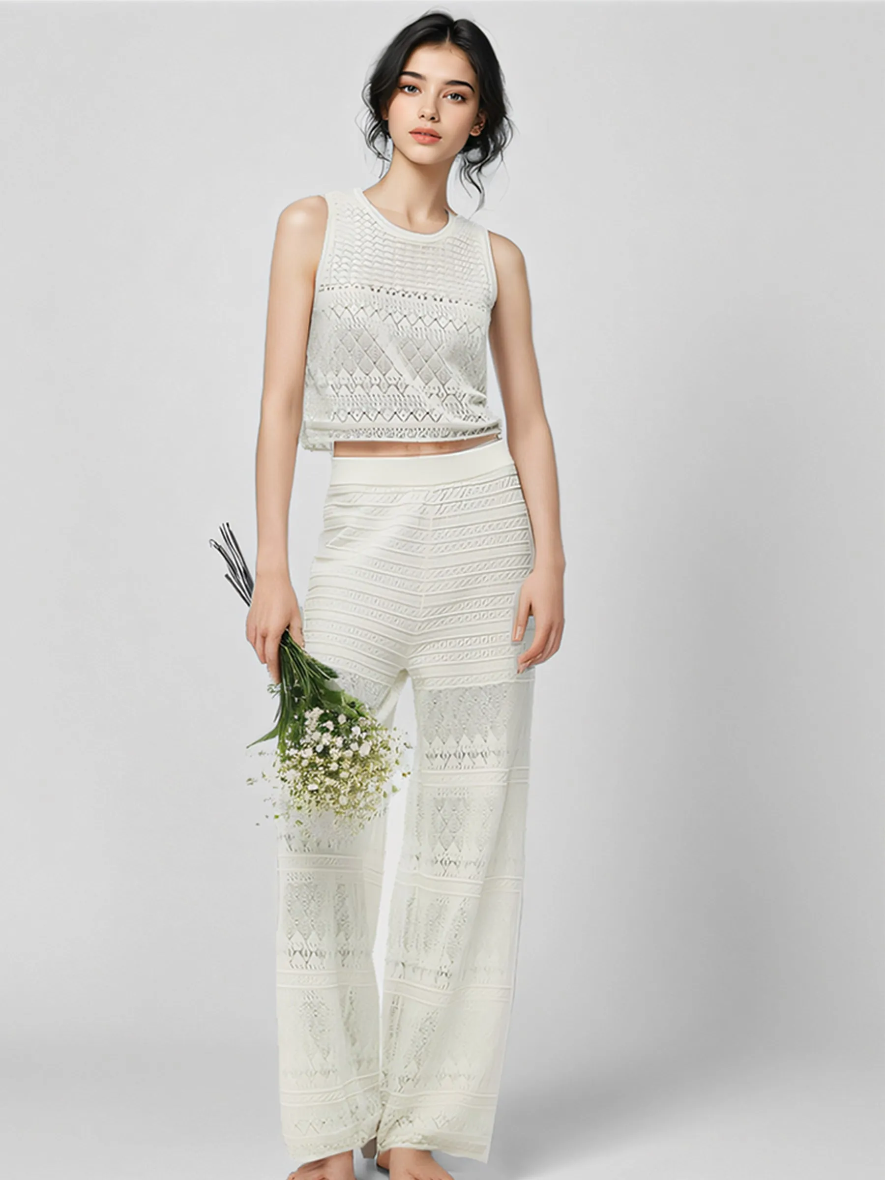 Non Restrictive Soft Cool Cotton Openwork Tank Top And Pants Two-Piece Set