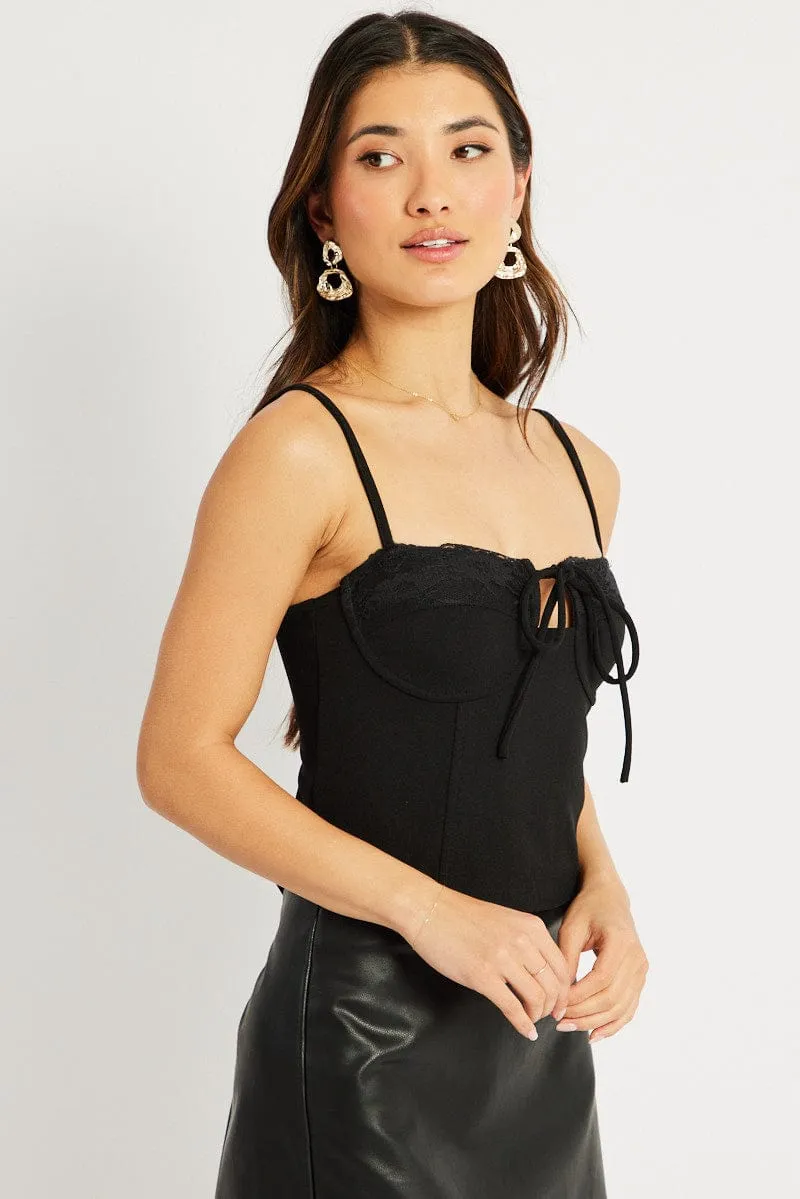Black Singlet Top Contrast Lace Trim Sharp Edge