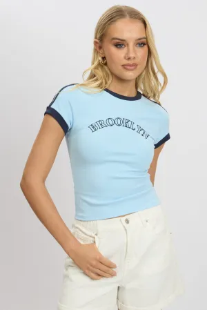 Microfiber texture Everyday Layering Blue Graphic Tee Short Sleeve