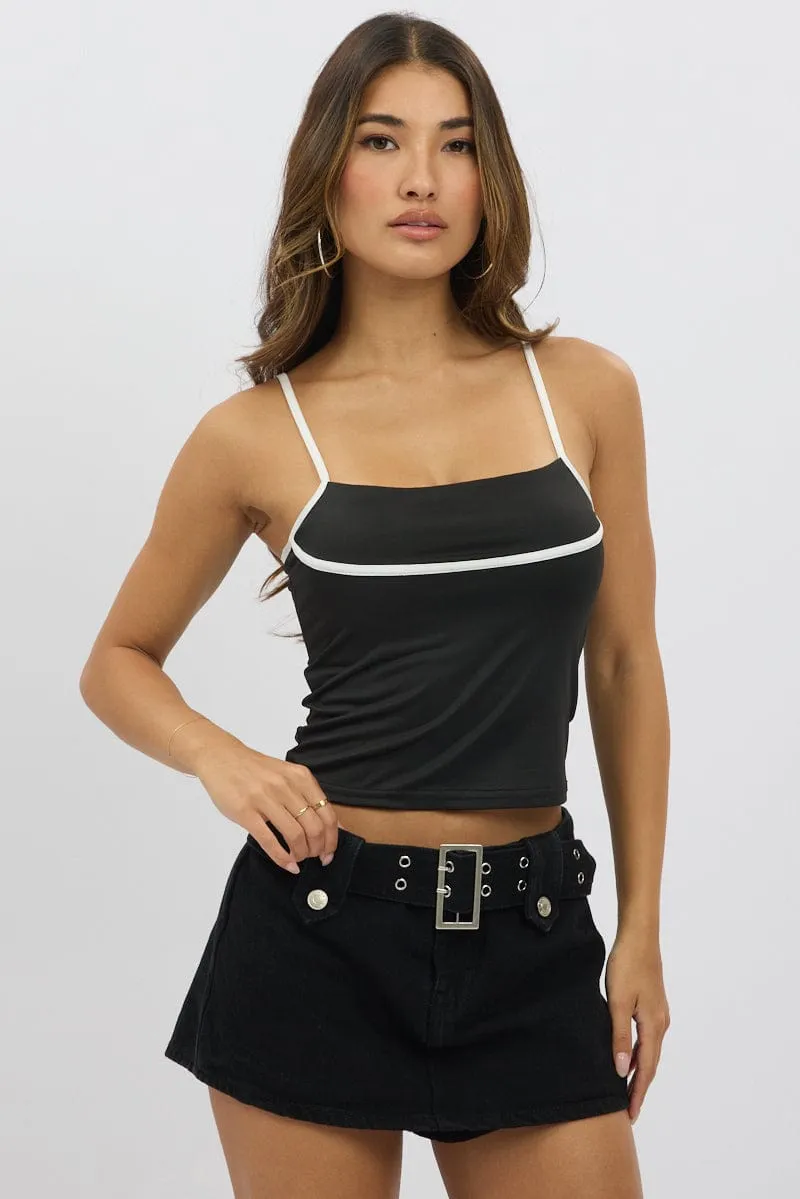 Black Singlet Top Contrast Piping Simple Top Sophisticated Style