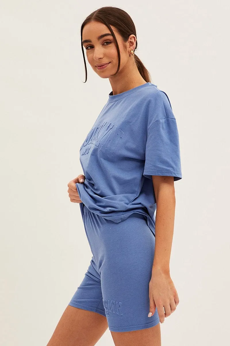 elastic waistband Sequin Glow Blue Textured Tee And Biker Shorts Set