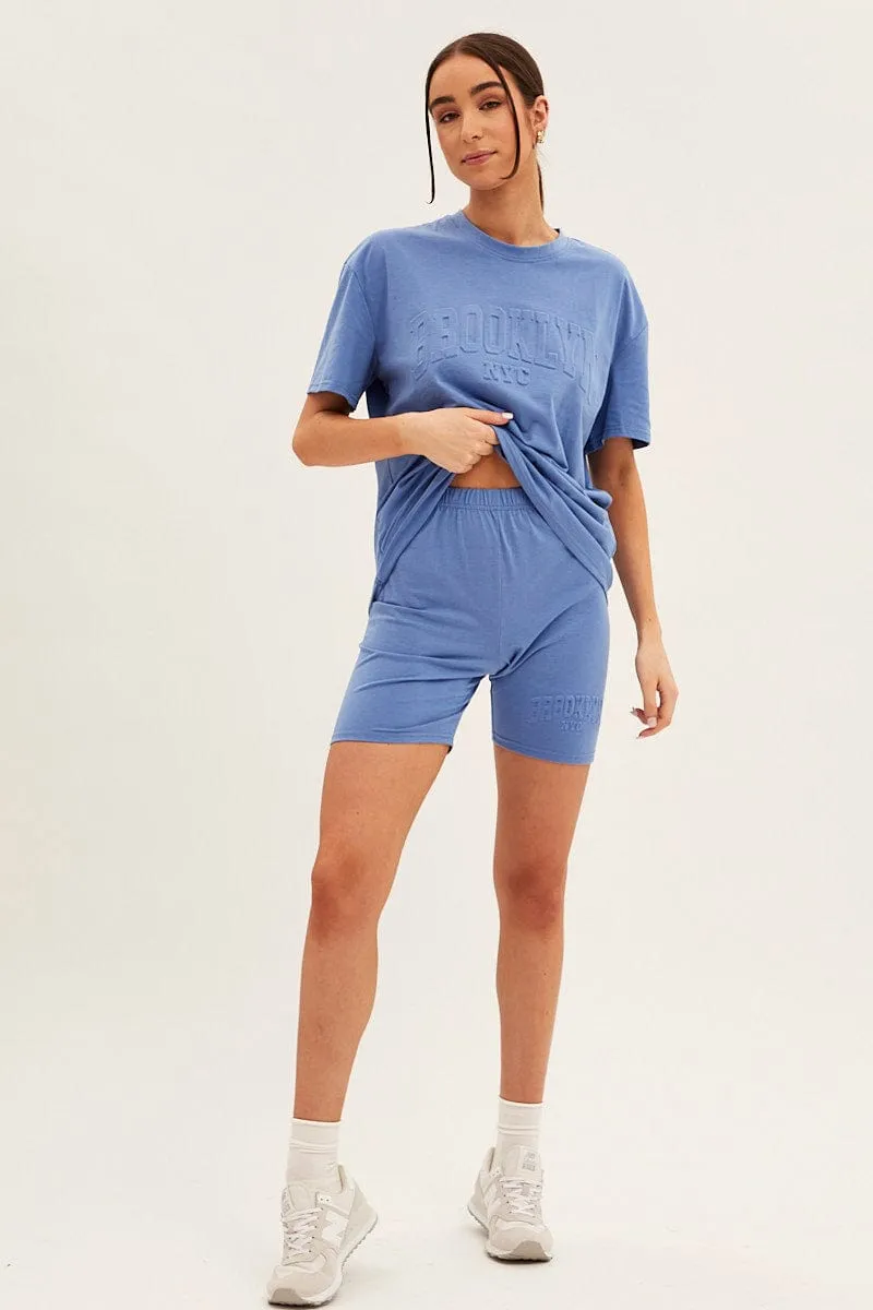 Crystal Soul Blue Textured Tee And Biker Shorts Set