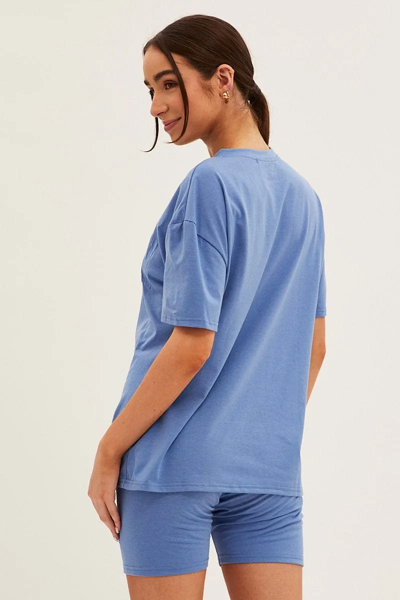 Blue Textured Tee And Biker Shorts Set Wide Glow Ski Core