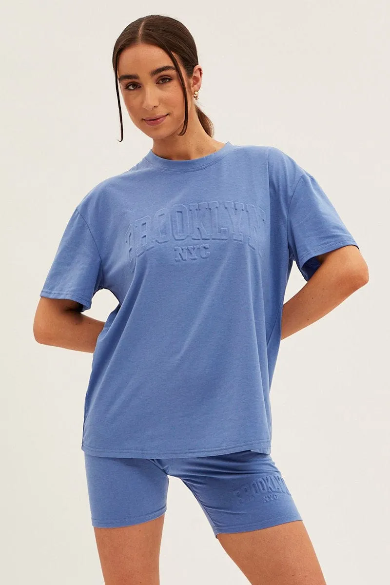 Blue Textured Tee And Biker Shorts Set Desert Heat