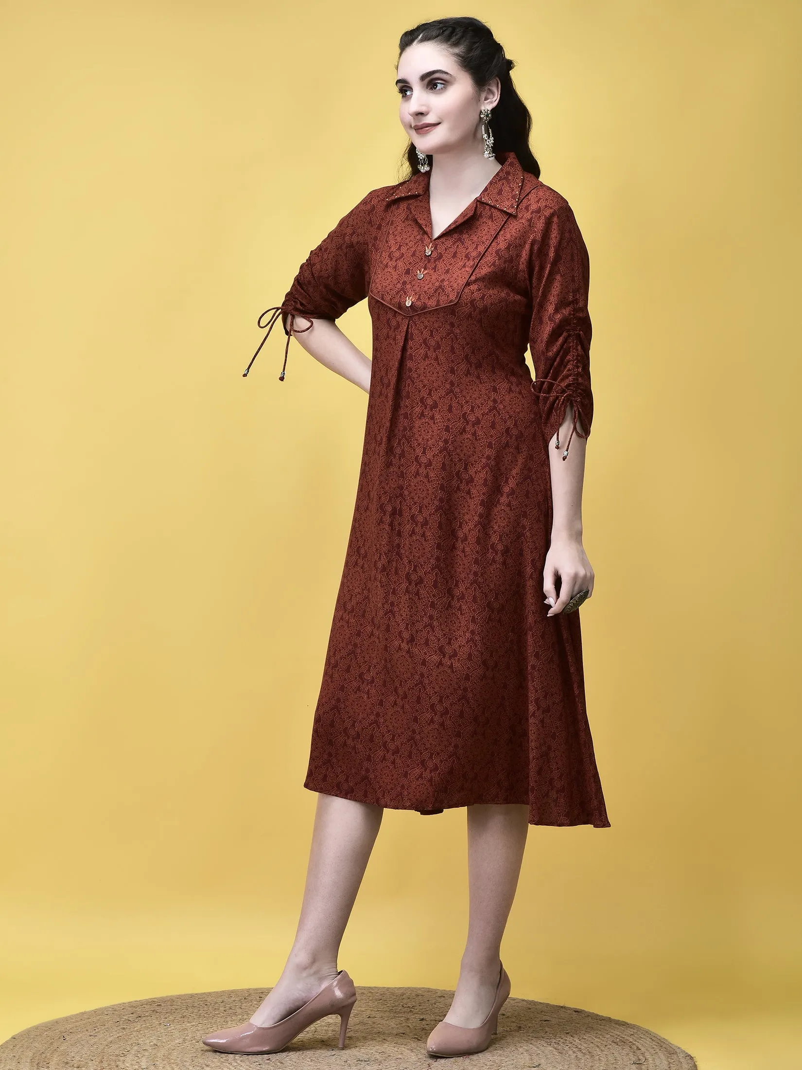 Women Liva Rayon Rust Floral Print Dress Stylish accessories