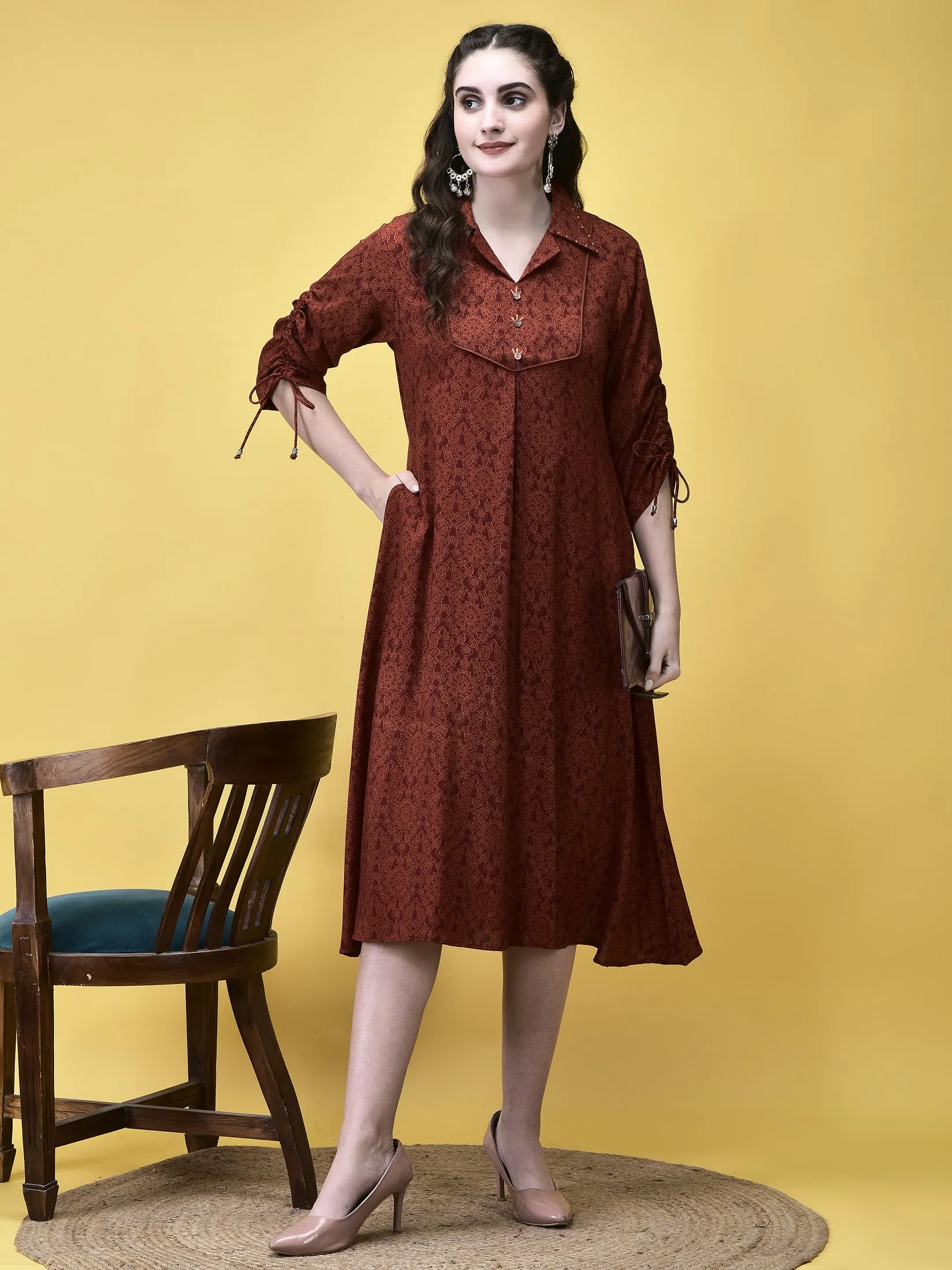 Women Liva Rayon Rust Floral Print Dress OdorResistantClothing