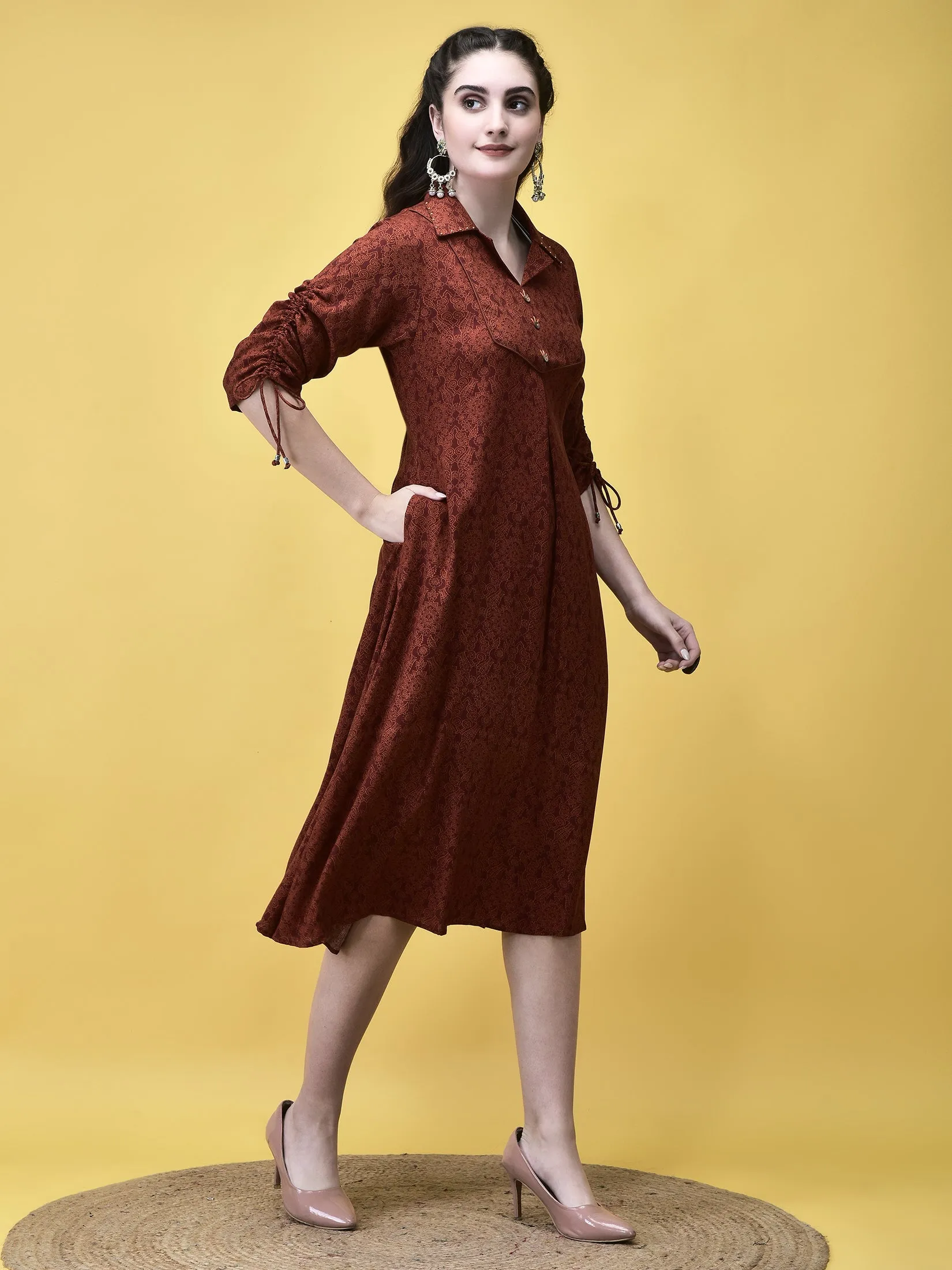 Casual Design Women Liva Rayon Rust Floral Print Dress